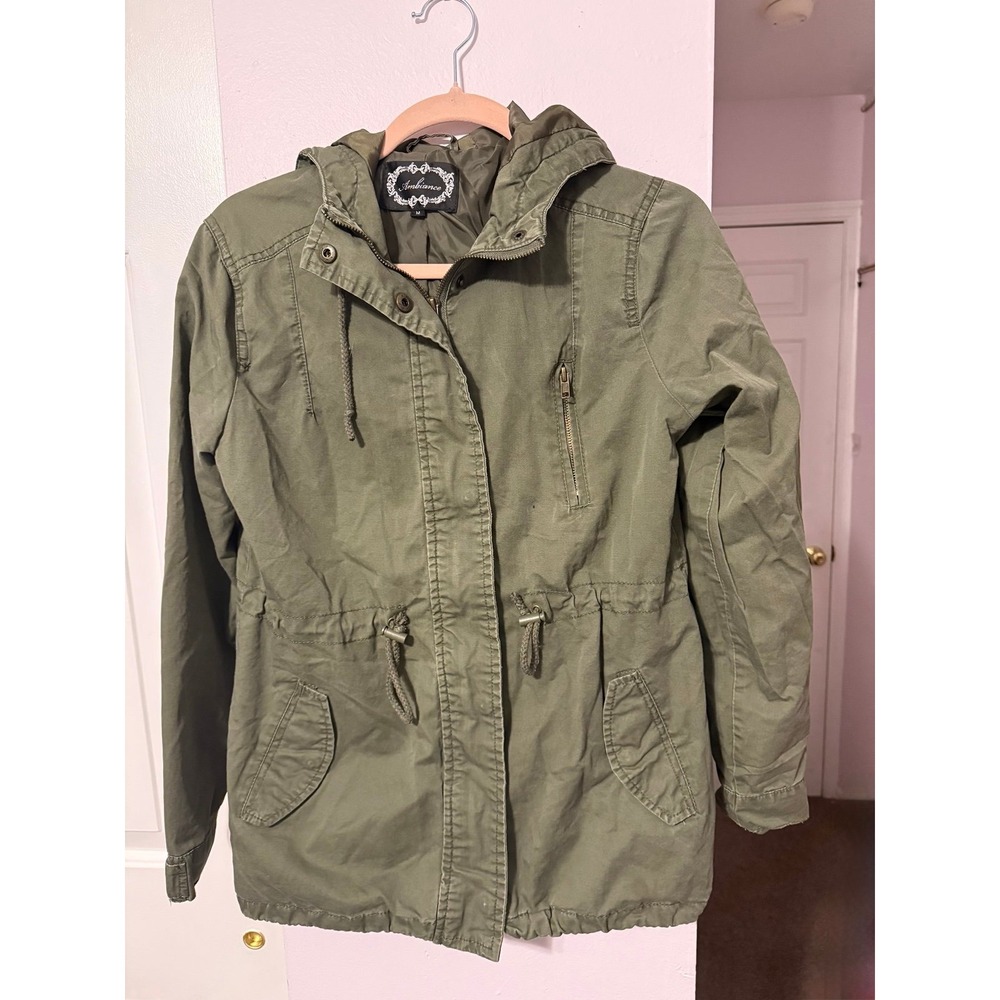 Ambiance Apparel Military Green Utility Jacket Hooded Anorak Olive Green Medium